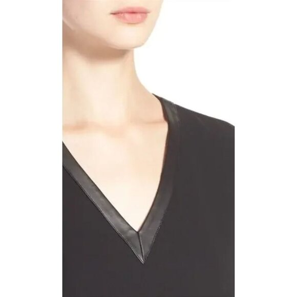 VINCE. Black Mixed Media Long Sleeve Dress w/Pockets Size 4 Tunic Leather Silk‎ - Picture 4 of 15